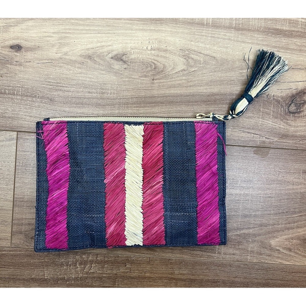 Kayu Straw Clutch Bag Pouch with Tassel Zip Closure Pink Navy Blue Beige